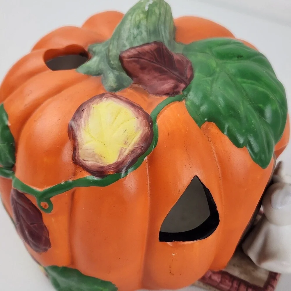 Vintage Halloween Ceramic Pumpkin and Ghost Tea Light Votive‎ Candle Holder